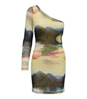 NEON & NYLON Off White Landscape Print Mesh One Shoulder Mini Dress